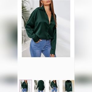 *NWOT* Emerald Satin Button Up Blouse